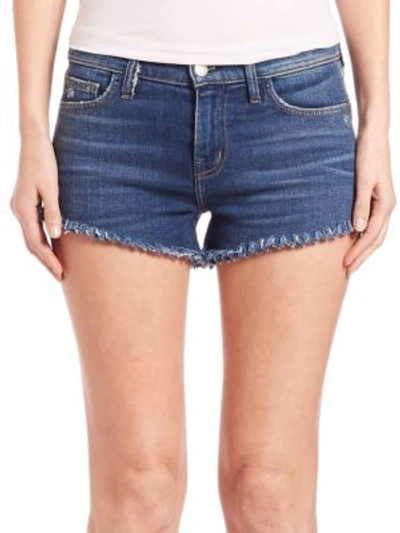 Shop L Agence Zoe Distressed Perfect-fit Shorts In Blue
