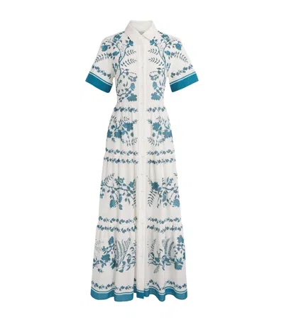 Erdem Womens Wild Fern Bot Dream Blue Botanical-print Tiered Cotton And Linen-blend Midi Shirt Dress In White