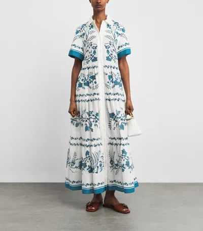 Erdem Womens Wild Fern Bot Dream Blue Botanical-print Tiered Cotton And Linen-blend Midi Shirt Dress In White