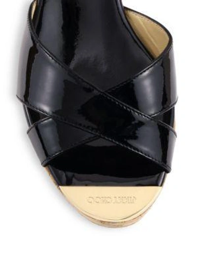 Shop Jimmy Choo Panna Patent Leather Cork Wedge Slides In Black