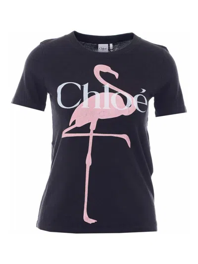 Chloé Women Black Crewneck T-shirt With Maxi Logo Print On The Front In Cotton Woman In Black