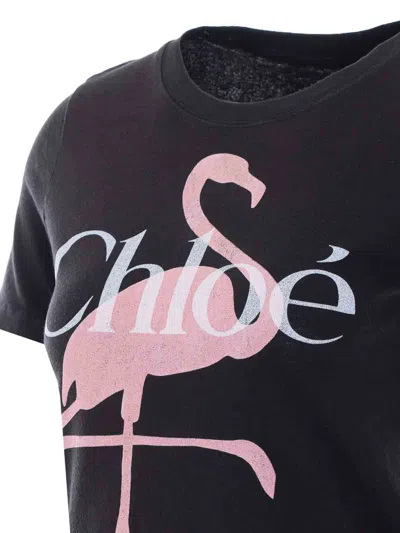Chloé Women Black Crewneck T-shirt With Maxi Logo Print On The Front In Cotton Woman In Black