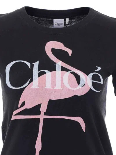 Chloé Women Black Crewneck T-shirt With Maxi Logo Print On The Front In Cotton Woman In Black