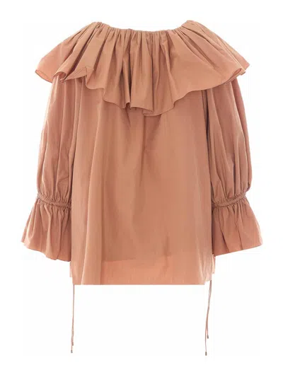 Chloé Ruffled Cotton Blouse With Drawstring Cuffs For Women In Brown