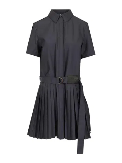Loewe Structured Cotton-blend Gabardine Button-front Short Dress With Pleated Skirt And D-ring Belt In Blue