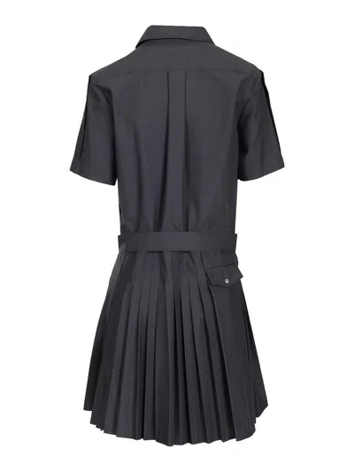 Loewe Structured Cotton-blend Gabardine Button-front Short Dress With Pleated Skirt And D-ring Belt In Blue