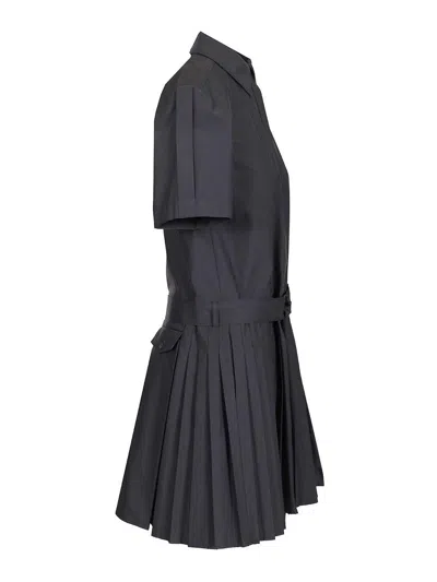 Loewe Structured Cotton-blend Gabardine Button-front Short Dress With Pleated Skirt And D-ring Belt In Blue
