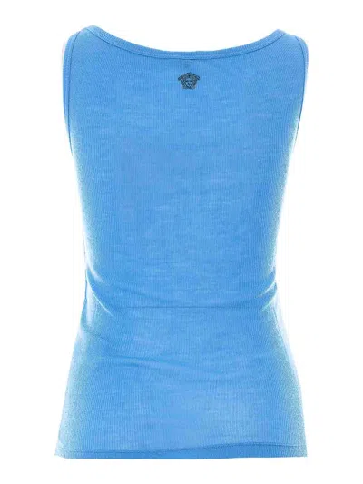 Versace Ribbed Silk-nylon Sleeveless Top With Subtle Logo In Blue
