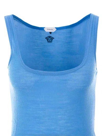 Versace Ribbed Silk-nylon Sleeveless Top With Subtle Logo In Blue