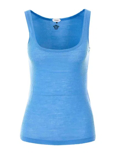 Versace Ribbed Silk-nylon Sleeveless Top With Subtle Logo In Blue