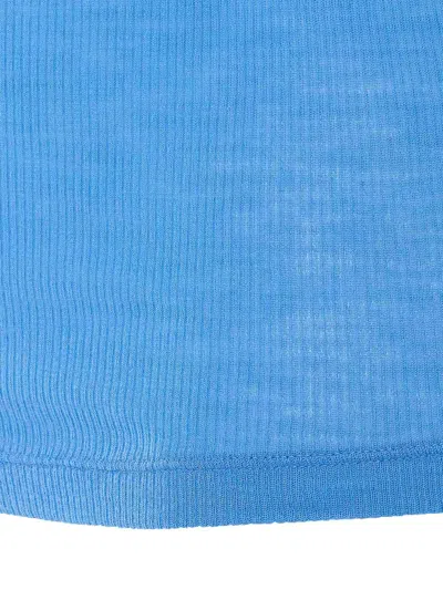 Versace Ribbed Silk-nylon Sleeveless Top With Subtle Logo In Blue