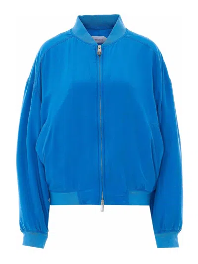 Versace Relaxed Fit Silk Jacket With Embroidered Logo And Zipper Closure In Blue