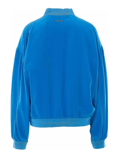 Versace Relaxed Fit Silk Jacket With Embroidered Logo And Zipper Closure In Blue