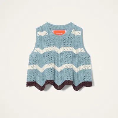 La Doublej Scalloped Striped Pointelle-knit Cotton Tank In Blue