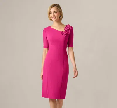 Adrianna Papell Short Sleeve 3d Floral Stretch Crepe Sheath Dress In Bright Magenta In Pink