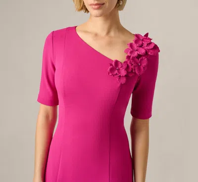 Adrianna Papell Short Sleeve 3d Floral Stretch Crepe Sheath Dress In Bright Magenta In Pink