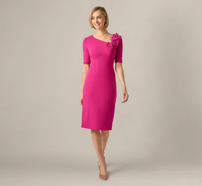 Adrianna Papell Short Sleeve 3d Floral Stretch Crepe Sheath Dress In Bright Magenta In Pink