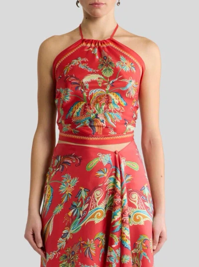 Etro Silk Top With Halterneck And Paisley Foliage Motif In Red