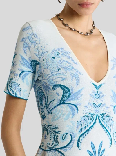Etro Leafy Paisley Jacquard Short-sleeve A-line Dress In Blue