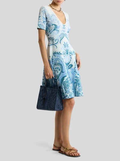 Etro Leafy Paisley Jacquard Short-sleeve A-line Dress In Blue