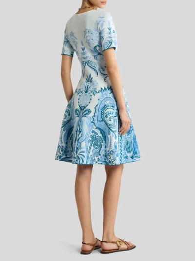 Etro Leafy Paisley Jacquard Short-sleeve A-line Dress In Blue