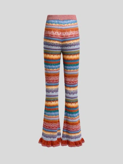 Etro Flared Knit Cotton Trousers With Stripes And Openwork In Multi
