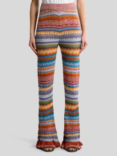 Etro Flared Knit Cotton Trousers With Stripes And Openwork In Multi