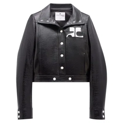 Courrèges Stretch Cotton Cropped Vinyl Jacket Reedition In Black