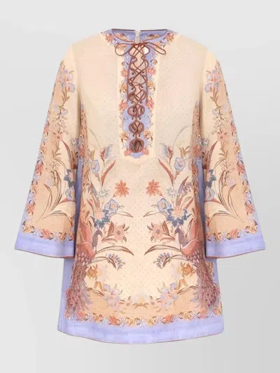 Zimmermann Womens Biscuit Scarf Floral Indra Floral-print Linen Tunic Mini Dress Xs In Multi