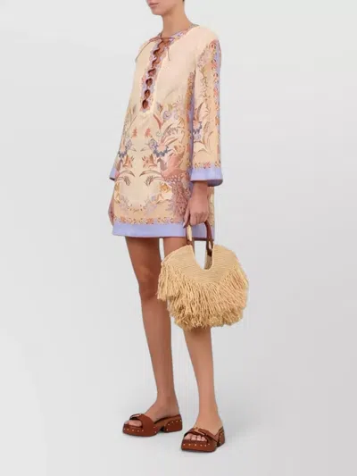 Zimmermann Womens Biscuit Scarf Floral Indra Floral-print Linen Tunic Mini Dress Xs In Multi