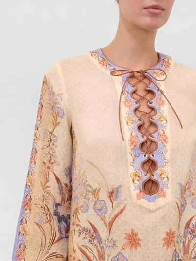 Zimmermann Womens Biscuit Scarf Floral Indra Floral-print Linen Tunic Mini Dress Xs In Multi