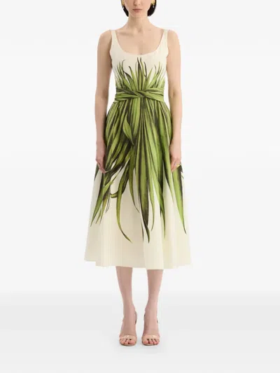 Oscar De La Renta Palm Leaves Print Cotton Stretch Poplin Midi Dress In White