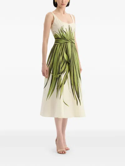 Oscar De La Renta Palm Leaves Print Cotton Stretch Poplin Midi Dress In White