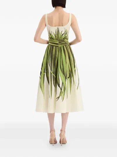 Oscar De La Renta Palm Leaves Print Cotton Stretch Poplin Midi Dress In White