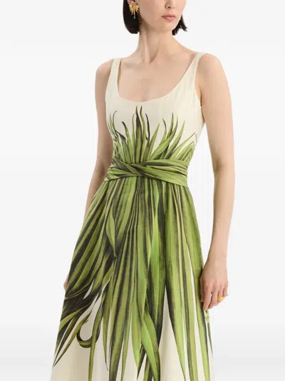 Oscar De La Renta Palm Leaves Print Cotton Stretch Poplin Midi Dress In White