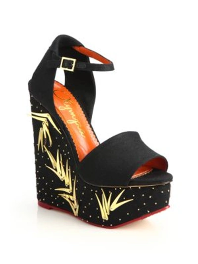 Shop Charlotte Olympia Sequined Linen Platform Wedge Sandals In Black-gold