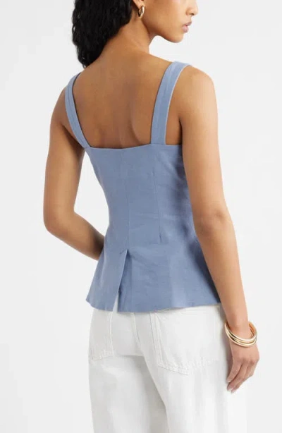 Open Edit Button Front Linen Blend Tank In Blue