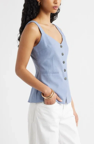 Open Edit Button Front Linen Blend Tank In Blue