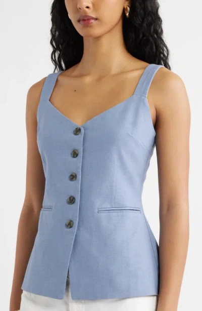 Open Edit Button Front Linen Blend Tank In Blue