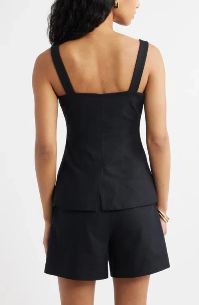 Open Edit Button Front Linen Blend Tank In Black