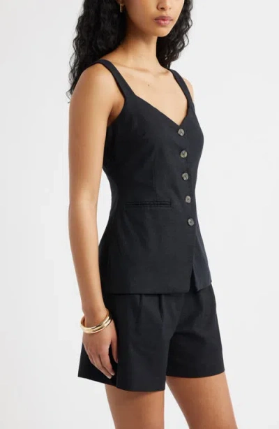 Open Edit Button Front Linen Blend Tank In Black