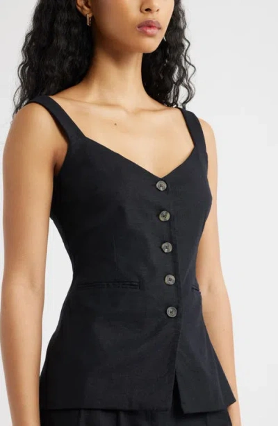 Open Edit Button Front Linen Blend Tank In Black