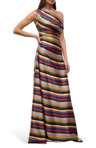 Staud Phare One-shoulder Draped Striped Silk-blend Satin Maxi Dress In Multi