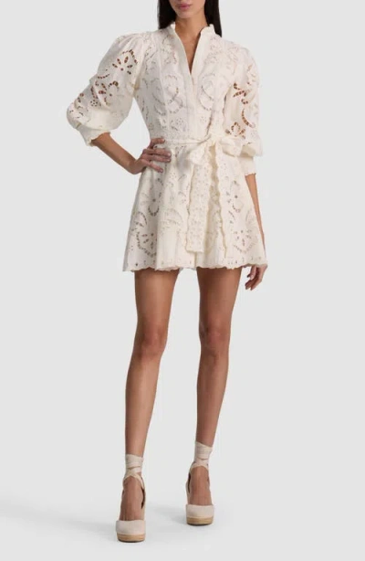 Alice And Olivia Lucy Embroidered Longsleeve Mini Shirt Dress With Tie Belt In White