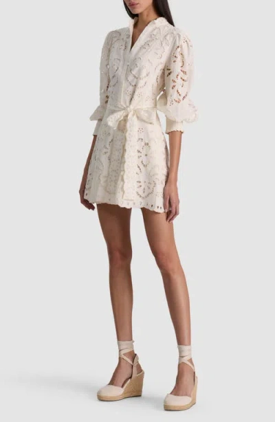 Alice And Olivia Lucy Embroidered Longsleeve Mini Shirt Dress With Tie Belt In White