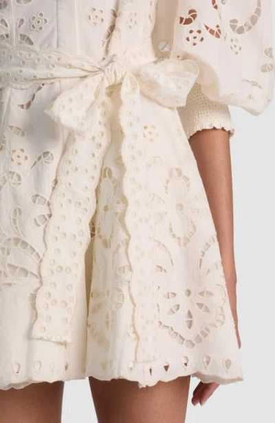 Alice And Olivia Lucy Embroidered Longsleeve Mini Shirt Dress With Tie Belt In White