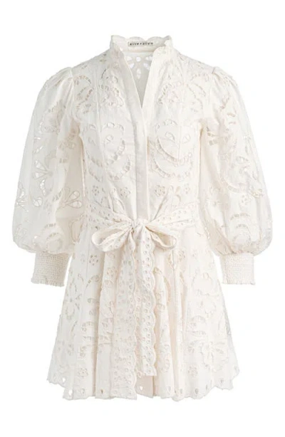 Alice And Olivia Lucy Embroidered Longsleeve Mini Shirt Dress With Tie Belt In White