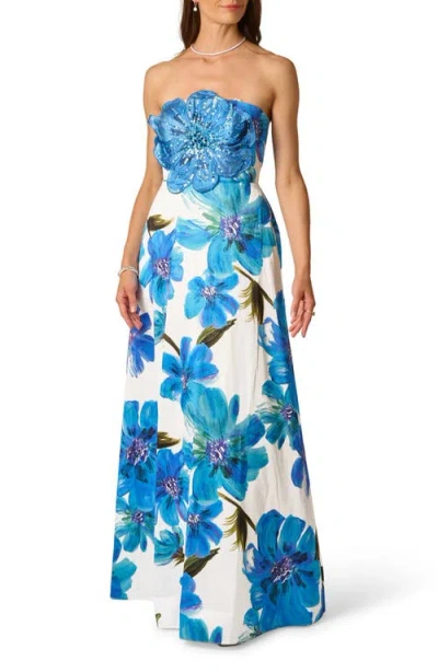 Adrianna Papell Strapless 3d Floral Beaded Dupioni Gown In Ivory Blue Multi