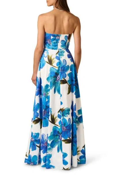 Adrianna Papell Strapless 3d Floral Beaded Dupioni Gown In Ivory Blue Multi