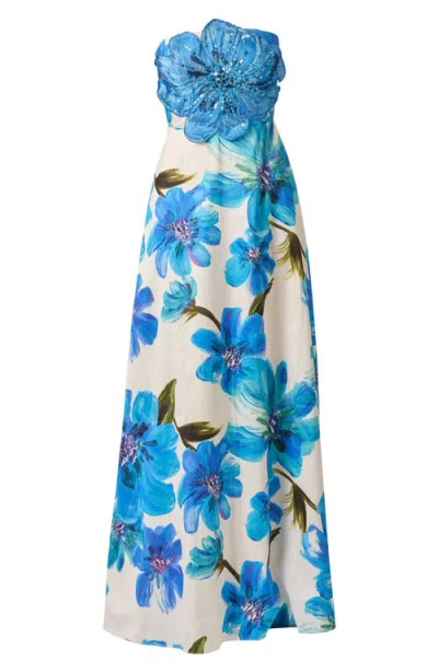 Adrianna Papell Strapless 3d Floral Beaded Dupioni Gown In Ivory Blue Multi